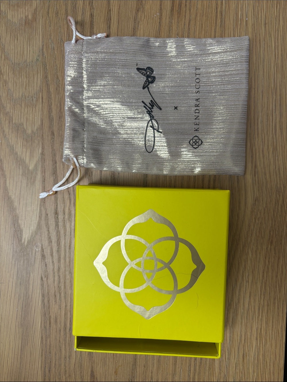 Kendra Scott Metallic Rose Gold Drawstring Pouch with Yellow Logo Box